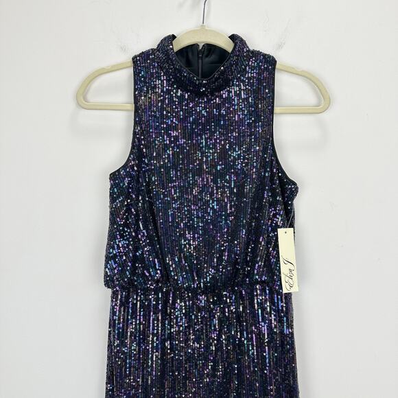 Eliza J Sequined Feather Hem Mini Dress Party Glam Mockneck Sleeveless US 6 NWT - Picture 7 of 13